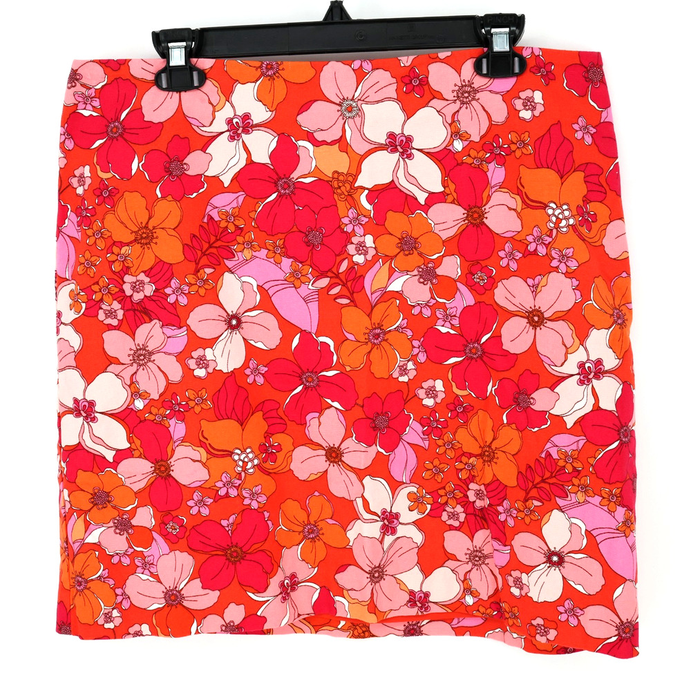 Talbots Skirt Petites 14P Orange Pink Floral Stretch Cotton Pencil Knee Length